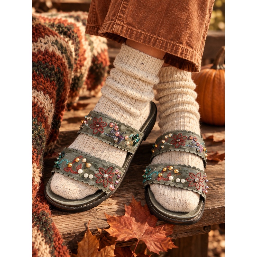 Free People Spellbound Embellished Slide Sandals Green Embroidered Studded US 9